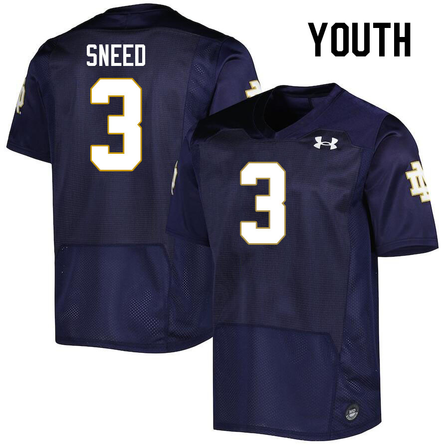 Youth #3 Jaylen Sneed Notre Dame Fighting Irish College Football Jerseys Stitched-Navy - Click Image to Close